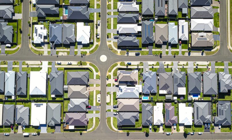 An aerial view of a new housing estate in the suburbs. Urban sprawl